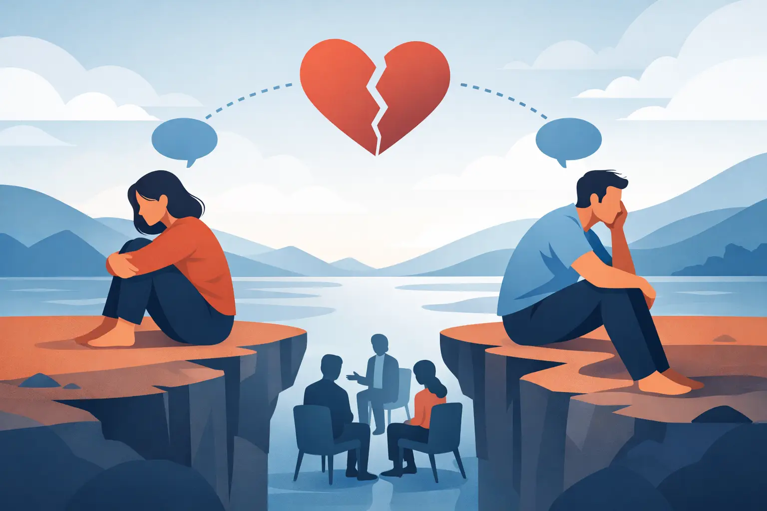 Illustration of two partners sitting apart on cliffs above a lake with a small therapy session between them