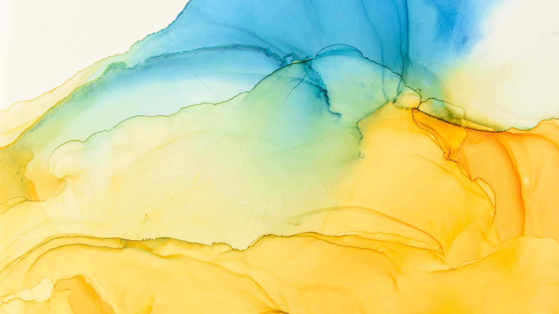 Abstract watercolor painting with flowing blue, green and golden tones